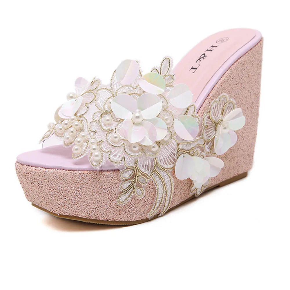 New Summer Flower Decoration Platform Wedges Sandals Women Fashion Silver High Heels Female Summer Gold Shoes Size 34-40