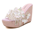 New Summer Flower Decoration Platform Wedges Sandals Women Fashion Silver High Heels Female Summer Gold Shoes Size 34-40