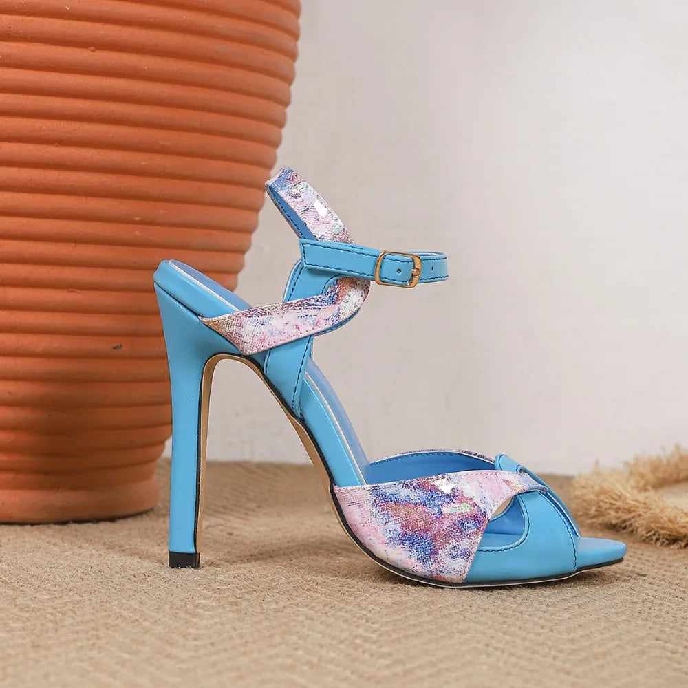 Women Bohemia Blue Floral Print High-heeled Sandals Women's Fashion Round Head Buckle Strap Sandals Wedding Party Shoes New 2026