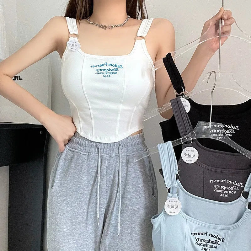 Letter Print Tank Top Women Cotton Bras Tops Hot Girls Streetwear Underwear Built In Bra Small Cup Crop Top Padded Camisole