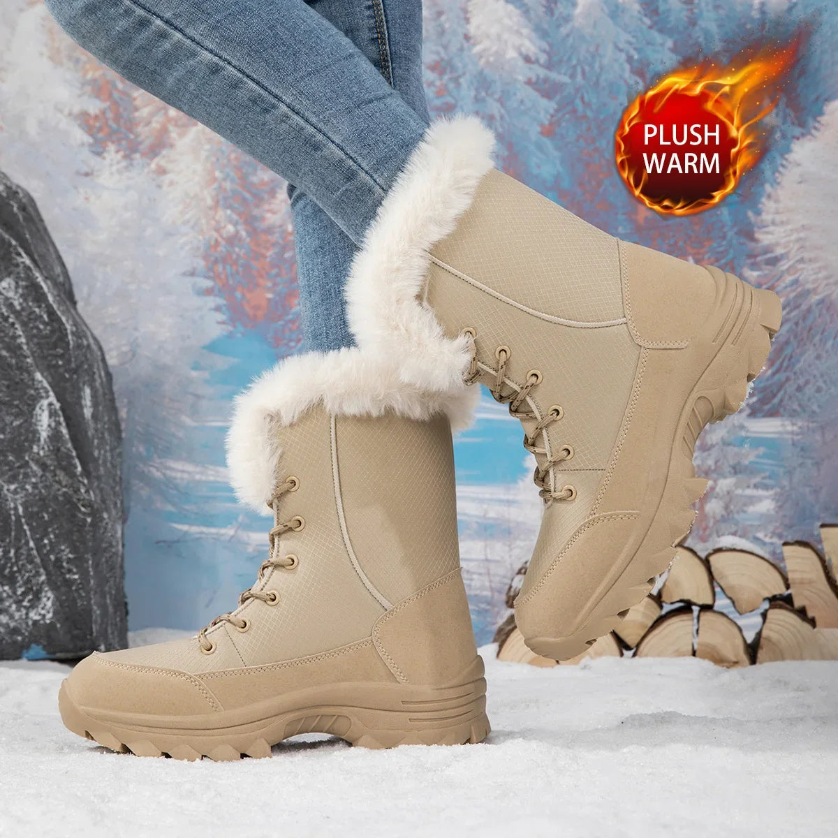 Winter Snow BootsWomen Waterproof Non-Slip Warm Northeast-Style Large Cotton Shoes, Ski , Fleece-Lined,High-Top Cotton Boots