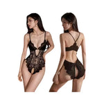Crotchless Lingerie Lace Hollow Bra Set Sexy Tight Fitting Women Clothing,V-neck OpenBodysuit .Soft Padded Bra Underwear Set
