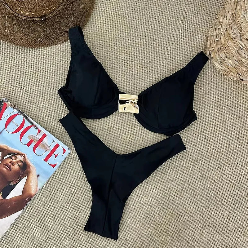 Sexy Black White Bikini Set 2026 Women Metal Ornament Push Up Underwire Bra Thong Swimsuit Beach Holiday Bathing Suit Swimwear