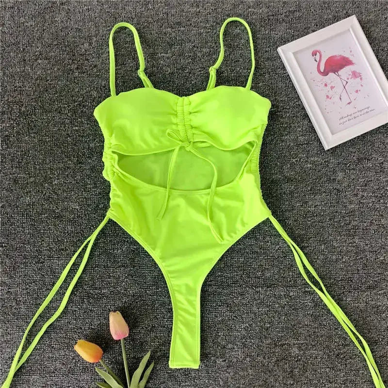 Neon Green Tummy Cut Out Female Swimwear One Piece Swimsuit Women Thong String Monokini High Leg Cut Bathing Suit Swim Bodysuit