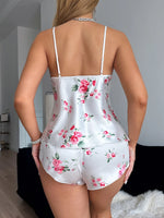 Ice Silk Stain Pajamas Set for Women 2-piece Set V-neck Floral Printed Halter Tops and Shorts Pyjamas Loungewear Sleepwear