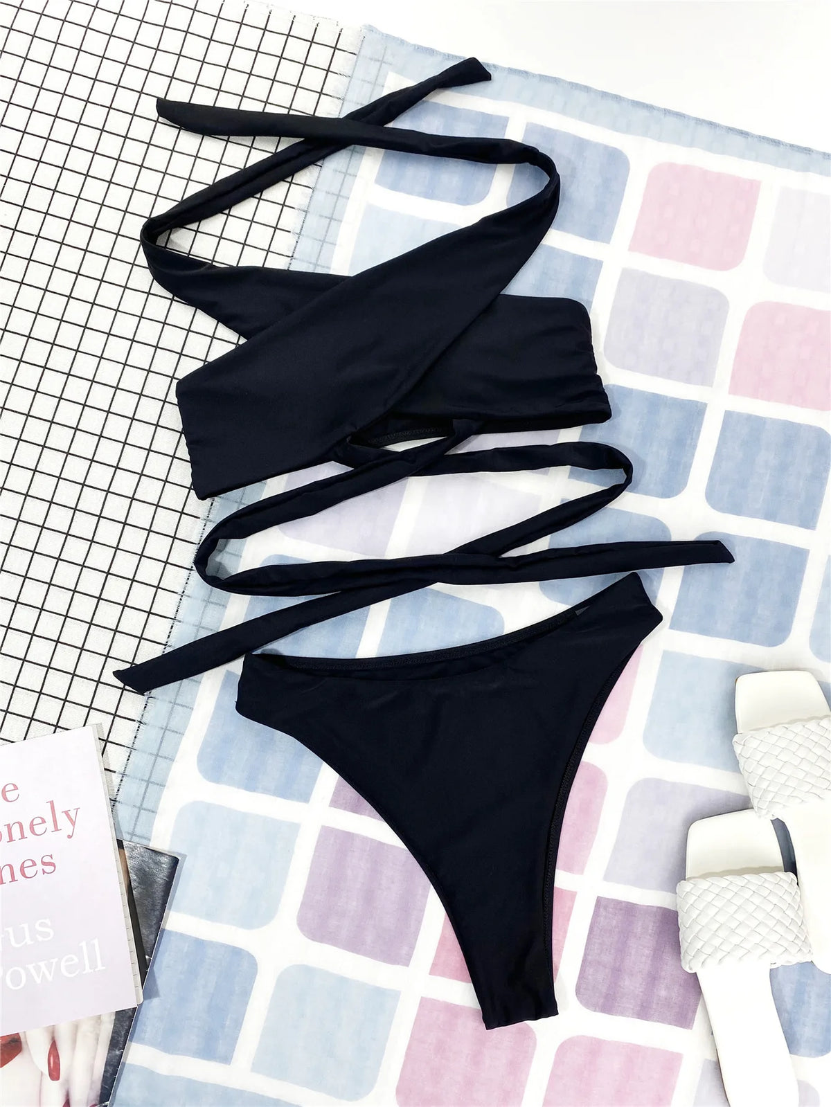 Sexy High Neck Cross Bikini Set 2026 Women Solid White Black Push Up Hollow Out Swimsuit Summer Bathing Suit High Waist Swimwear
