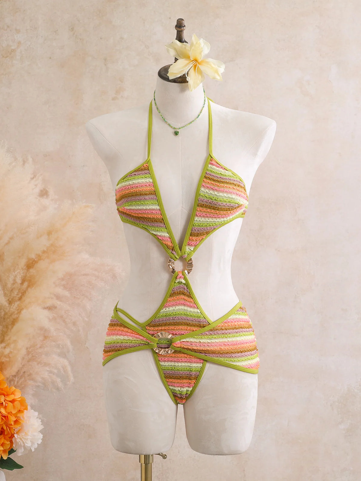 Sexy Black Stripe Knitted One Piece Swimwear Skirts Sets 2026 Women Metal Circle Hollow Out Backless Bathing Suit Thong Swimsuit