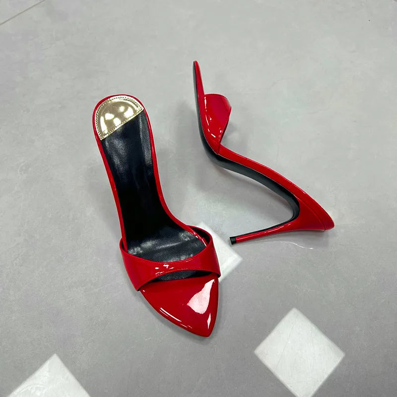 Europe and America Plus Size 10CM 12CM Summer High Heels For Women's Slides Pointed Toe Sandals Sexy Woman Shoes Red Slippers