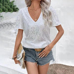 Shiny Sequins Tee Shirt Women T-shirt V-Neck Short Sleeve Loose Fit Summer Sexy Tops Holidays Parties Wear