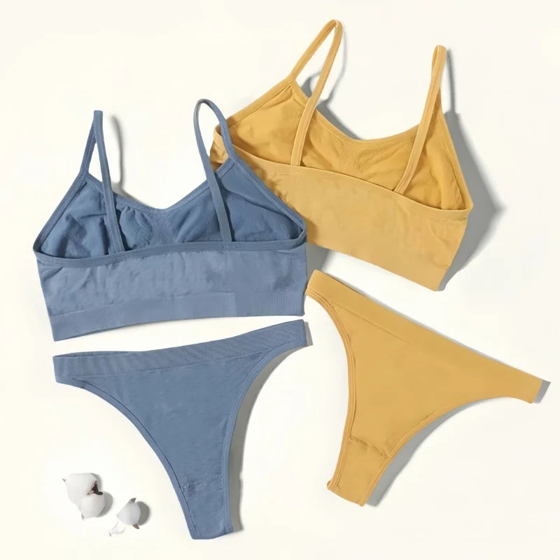 Women Seamless Bra And Panties Set Low Waist Thongs Female Comfort Non-wire Brassiere Sports Ribbed Underwear Set Sexy Lingerie