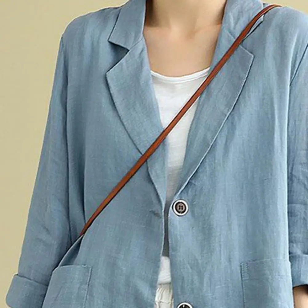 Vintage Long Sleeve Blazer Jacket Cotton Linen Coat for Women Casual Lapel 2 Buttons Thin Coat with Pockets