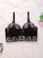 D E Thin Cup Plus Size Bras Lace Embroidered Floral Push up Bra Wide Shoulder Straps Soft Side Support Underwire Bra for Women