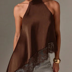Solid Color Satin Halter Neck Vest for Women Summer Sleeveless Open Back Irregular Lace Hem Tank Tops