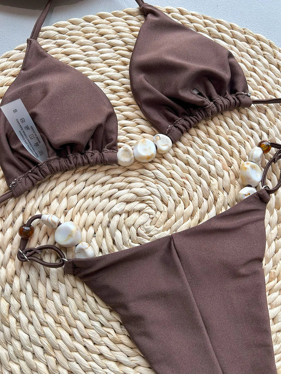 Shiny Halter High Cut Beads Bikini Women Swimwear Female Swimsuit Two-pieces Bikini Set Bather Bathing Suit Swim Lady Beach Wear