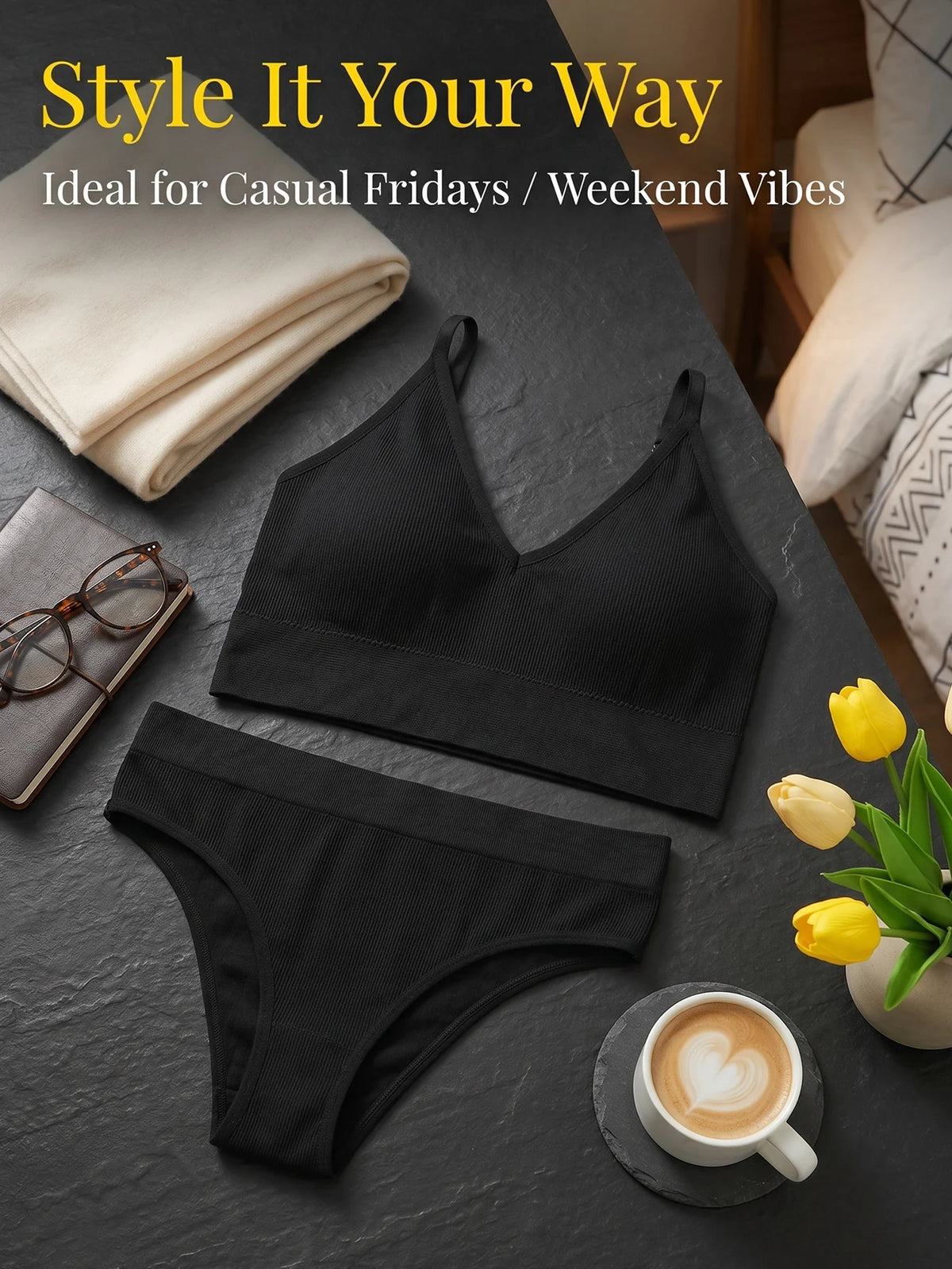 Seamless Comfortable Underwear Set, No Steel Rim Bra, thong Set, Black Yoga Exercise Set Black Set Z417