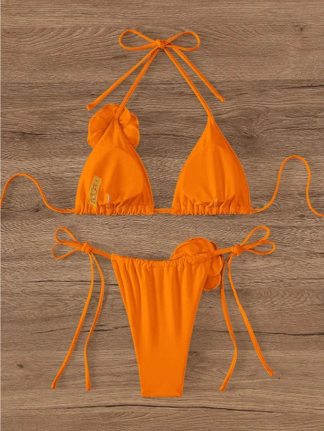 Sexy Bikini Set Women Swimsuit 2024 Black White 3D Floral Print Micro Bikinis Brazilian Cutout Beach Bathing Suit Thong Swimwear