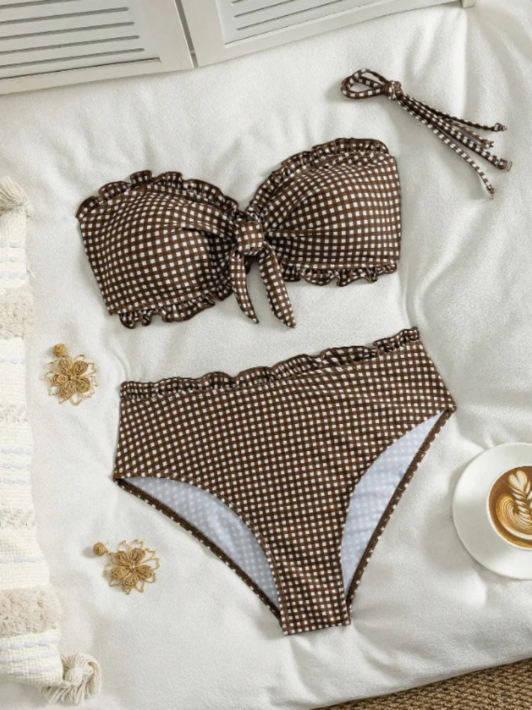 Vintage Coffee Plaid Print Bikini Set Women Bandeau Front Tie Push Up Bra High Waist Swimwear 2026 Beach Bathing Suit Swimsuit
