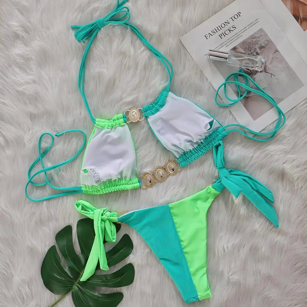 DEKA Neck Rhinestones Bikini Set Patchwork Swimsuit Women's Diamond Swimwear Push Up Female Beach Swimming Wear Bathing Suits