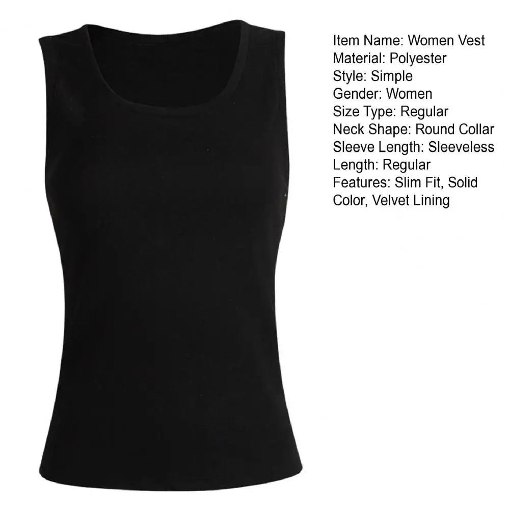 Women Thermal Vest Round Neck Sleeveless Thick Fleece Lining Bottom Vest Solid Color High-Elastic Fit Thermal Tops