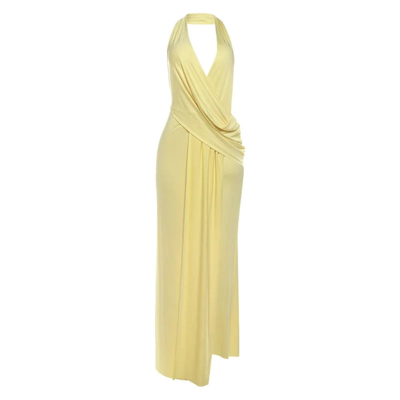 Temperament Halter Neck Party Dresses Women Sexy Deep V-neck Backless Package Hip Slit Dress Hot Girls Club Banquet Vestidos