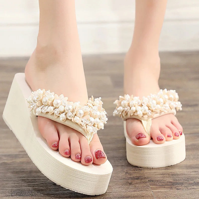 Big Size 42 Fashion Flip Flops For Women Summer Wedges Shoes EVA Sole String Bead Female Indoor Beach Slippers Slip-on Sandals