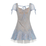 Dreamy and Western-style lace pleated princess dress with sparkling sequin design and puff-sleeved high-waisted dress.