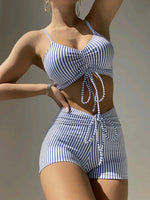Sports High Waisted Bikini Sets Blue Striped Women's Swimsuit Shorts Swimwear Two Pieces Bathing Suit Brazilian Biquini Pool