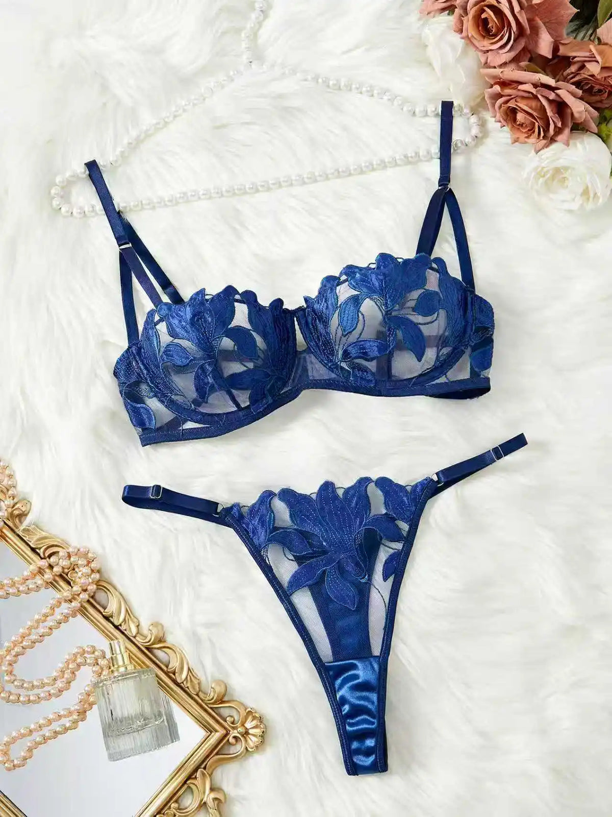 Floral Embroidery Sexy Lingerie Set Women Transparent Bralette Underwire Push Up Bra Panty 2 Piece Set