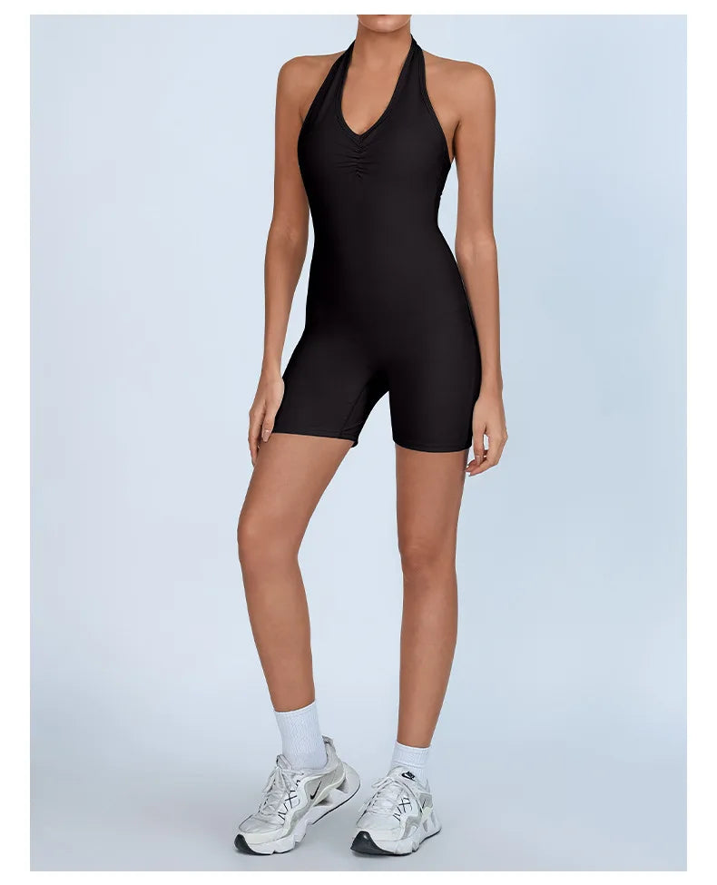 Summer Yoga Jumpsuit Back Hollow Out Bandage Pleate Pocket Shorts Sports One Piece Suits Butt Lifting Fitness Workout Bodysuit