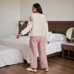 Women's 2 Pieces Valentine's Day Lounge Set Long Sleeve O Neck Heart Embroidery Jacquard Tops Pants Winter Fuzzy Sleepwear