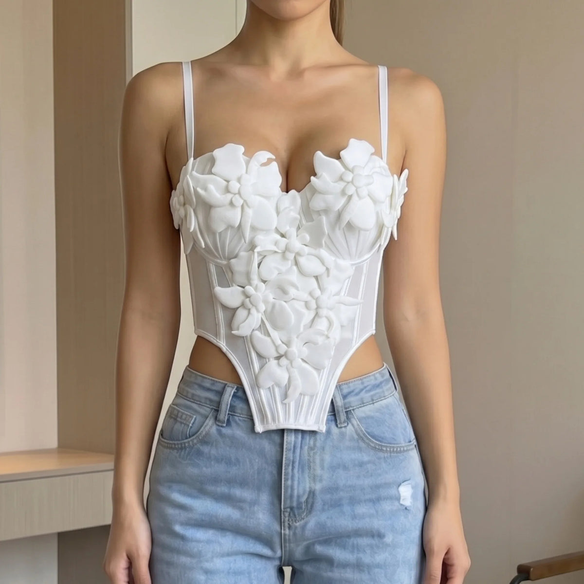 Summer White 3D Flower Camisole Vest Women Sexy Hanging Neck Transparent Mesh Embroidered Corset Slim Fit Fishbone Tank Tops
