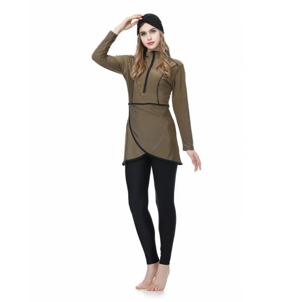 3Pcs/Set Women Split Swimsuit Front Skirt Secure Zipper Closure UV Protection Tops Long Swimming Trousers Set With Headscarf