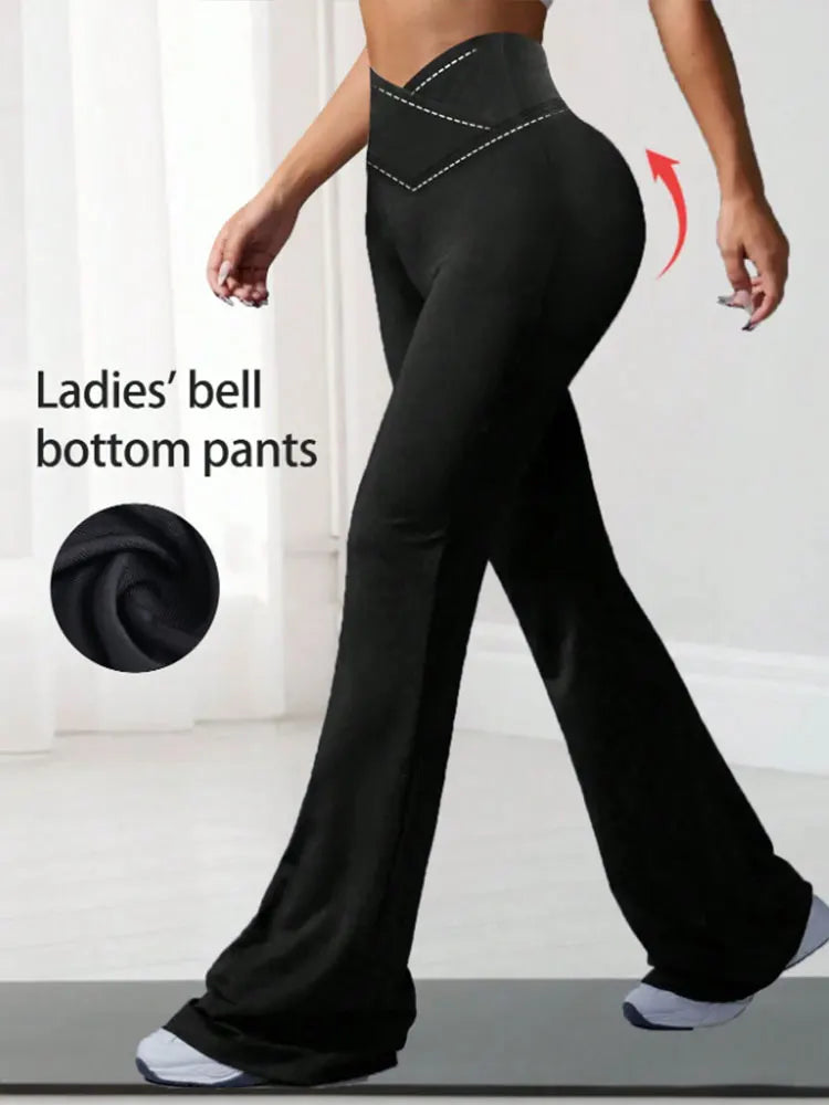 Criss Cross Stretch Flare Pants Minimalist High Waist Commute Yoga Trousers Sexy Casual Sports Leggings For Womens Slim Figures