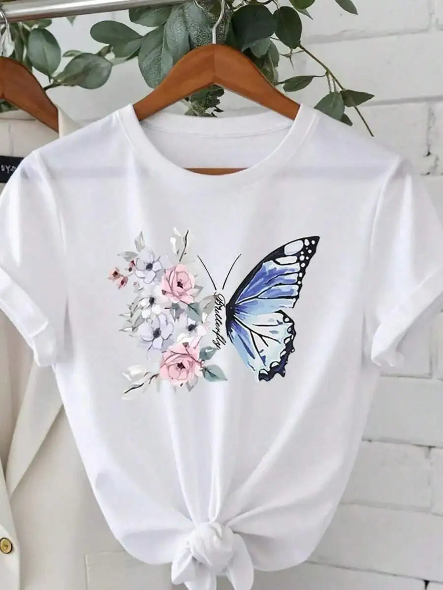 1-Piece Set--Women's Round Neck Chrysanthemum Floral Print T-Shirt Top, Fashion Anti-Wrinkle Cotton T-Shirt