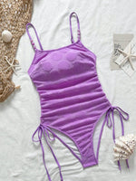 Sexy Purple Shell Print One Piece Swimsuit 2026 Women Pearls Strap Drawstring Side Tummy Control Holiday Bathing Suit Swimwear