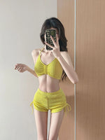 Long Sleeved Sun Protection Star Print Cover Up 3 Piece Bikini Set Swimwear Women Drawstring Side Holiday High Waist Swimsuit