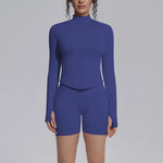 Women's Seamless Yoga Sets Sports Fitness Gym Zipper Long-Sleeve Jacket Hip Lift High-Waist Shorts Suits Workout Training Sets