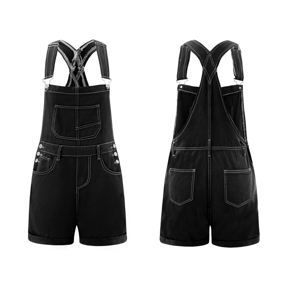 Women Denim Bib Overalls Adjustable Straps Shorts Romper with Pocket Casual Rolled Cuff Shortalls