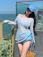 Summer Holiday Long Sleeve Dress 3 Piece Bikini Set 2026 Swimwear Women Push Up Drawstring Side High Waist Swimsuit Large Size