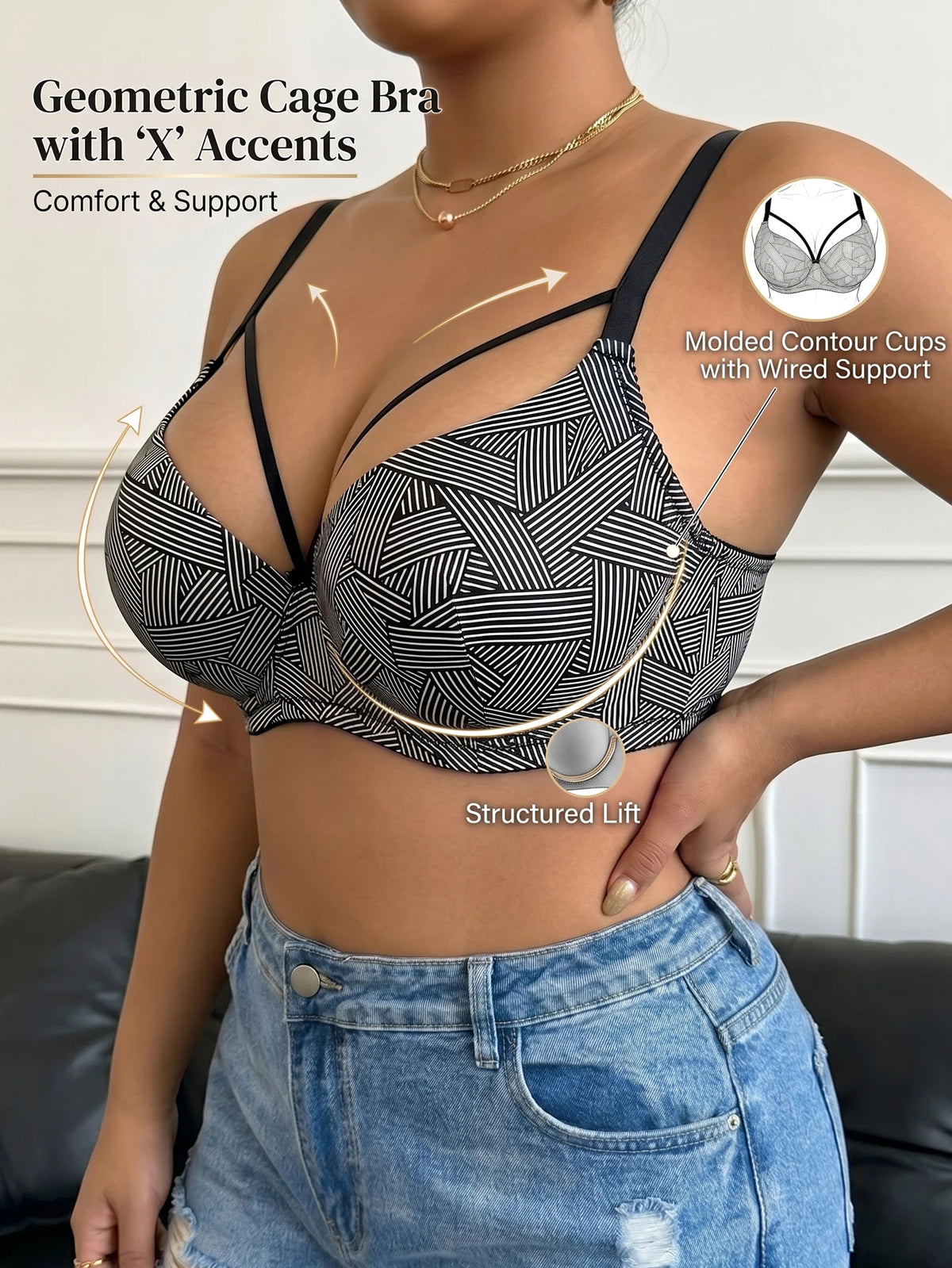 Plus Size Geometric Print Bra Women Underwire Push Up Bra Adjustable Strap 3 Hooks Back Side Support Ladies Lingerie