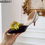 New 2027 Fashion Womens Floral Pointed Toe Flowers Stilettos Lady Mid Heel Shoes Mixed Colors Sandals Pumps Wedding Bridal Heels
