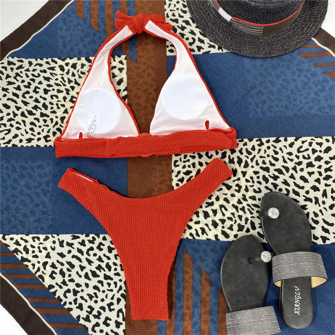 Halter Wrinkled Crinkled Bikini Women Swimwear Female Swimsuit Two-Pieces Bikini Set Brazilian Bather Bathing Suit Swim V2922