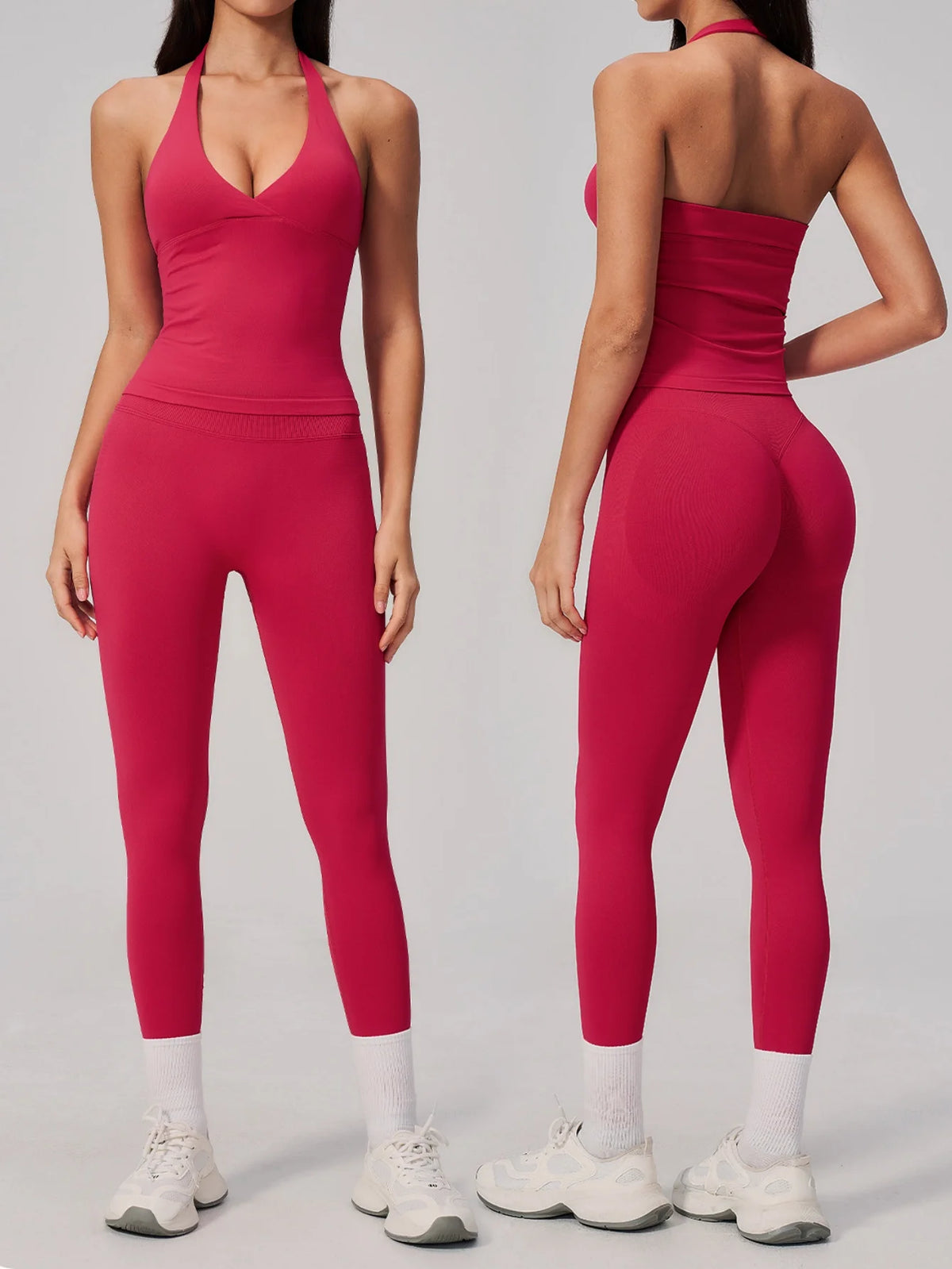 Summer Seamless Yoga Sets Women V Neck Slim Sports Tank Top Fitness Suit Peach Hip High Elasticity Leggings Running Tracksuit