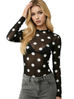 Women’s Spring Summer Crew Neck Mesh T-Shirts Long Sleeve Dots Print Slim Fit Transparent Classic Tops