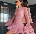 Women's Fashion Ruffled Hem Patchwork Short Dress Blush Pink Ruffled Mini Dress For Women Sleeves Front Button Hem Fashion T0PU