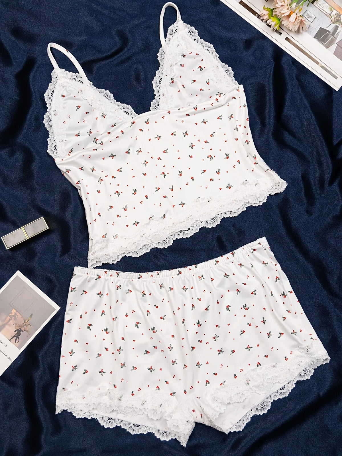 Women Pajama Set 2 Piece Floral Lace Trim Camisole Top and Shorts, V Neck Adjustable Strap Summer Sleepwear