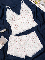 Women Pajama Set 2 Piece Floral Lace Trim Camisole Top and Shorts, V Neck Adjustable Strap Summer Sleepwear
