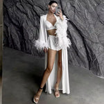 Silk Satin Bride Bridesmaid Wedding Robe Feather Cuffs Backless Night Dress Sleepwear Loose Long Kimono Bathrobe Gown Homewear