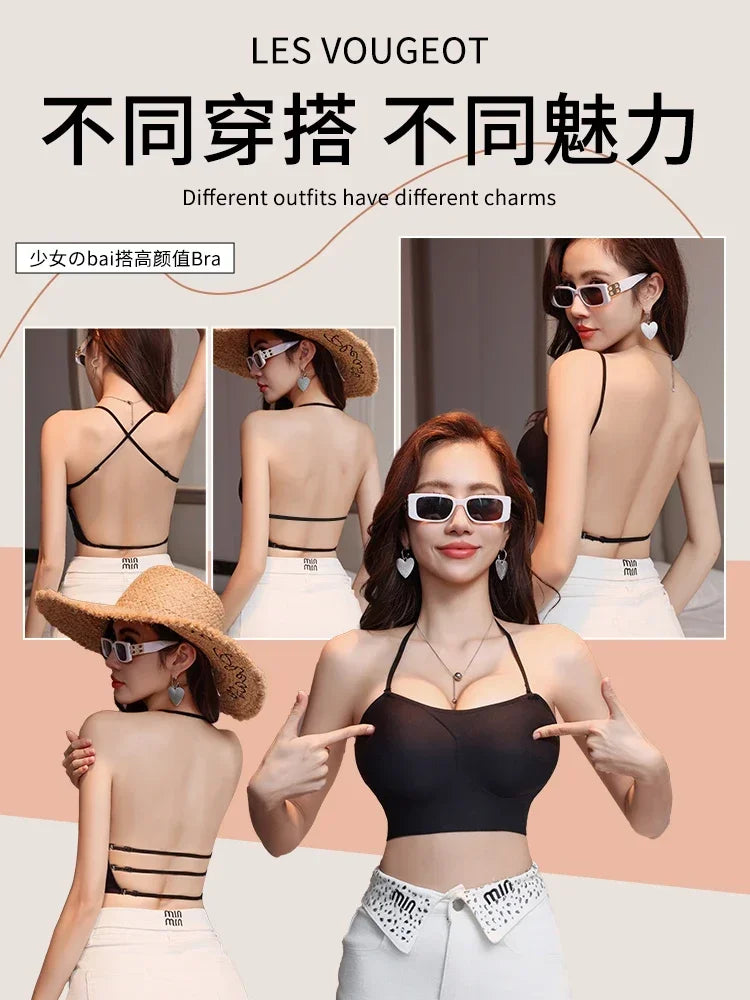 MOYISU 3D Push Up Bra for Small Bust, Halter Off Shoulder Open Back Bralette, Ultra Thin Straps Summer Bestseller, Sexy & Gather