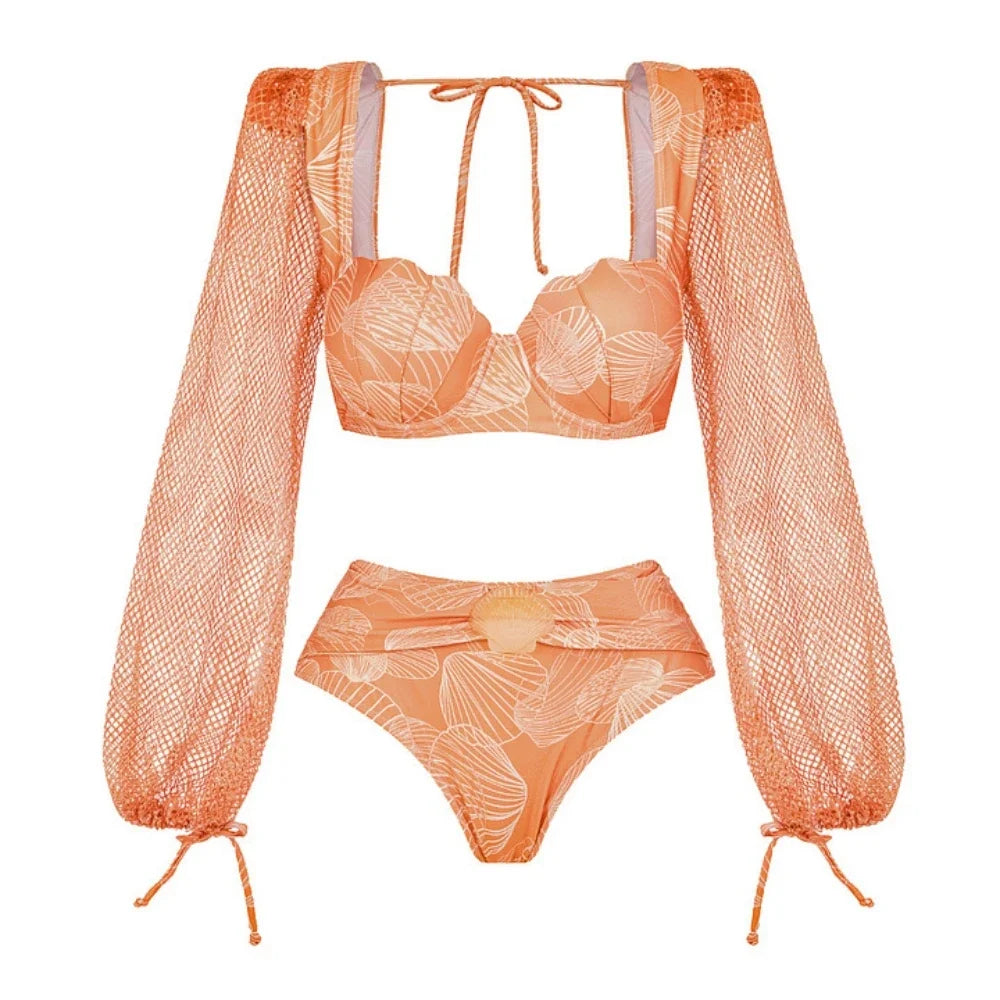 2025 New High Quality Elegant One Piece Swimsuit And Skirt Print Deep-V Lace-up Women Bikini Set Swimwear Party Bathing Suit